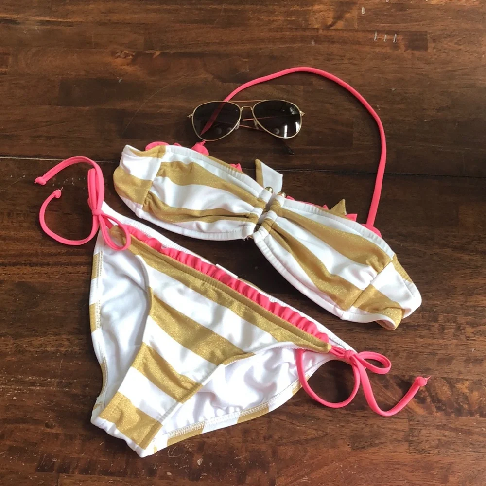 Xhilaration Women's Junior's Gold White Striped Bikini Swimsuit Set Pink Size M